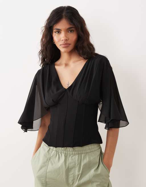 Gina Tricot v neck floaty sleeves corset top in black, 4 of 4