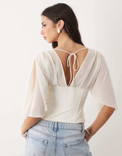 Gina Tricot v neck floaty sleeves corset top in off white, 2 of 4