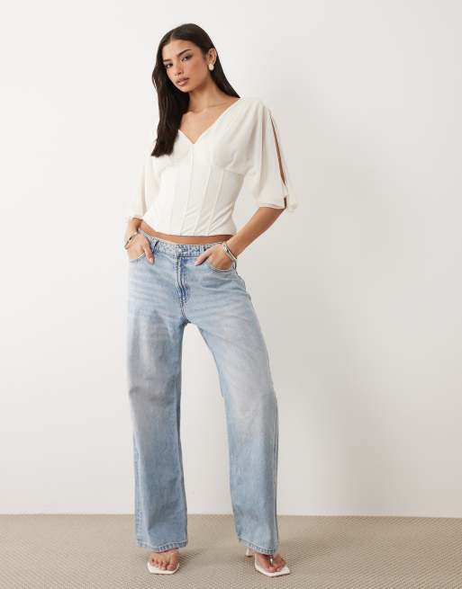 Gina Tricot v neck floaty sleeves corset top in off white, 4 of 4