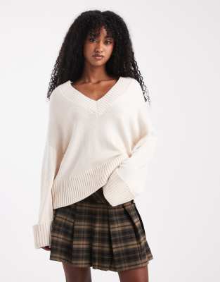 Gina Tricot V Neck Knit Sweater With Wide Sleeves In White