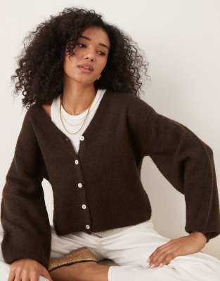 Gina Tricot V Neck Knit Wool Alpaca Cardigan In Brown