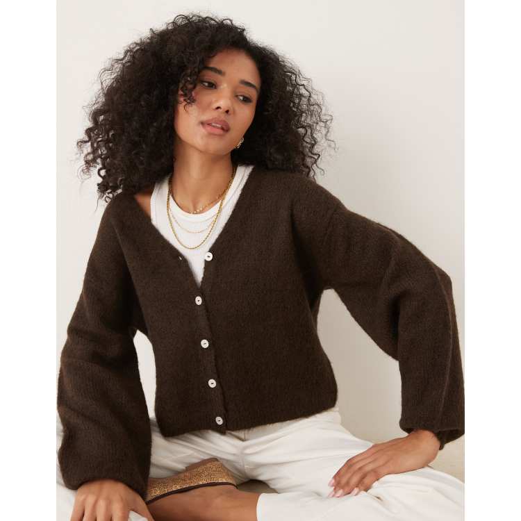 Gina Tricot v neck knit wool alpaca cardigan in brown | ASOS