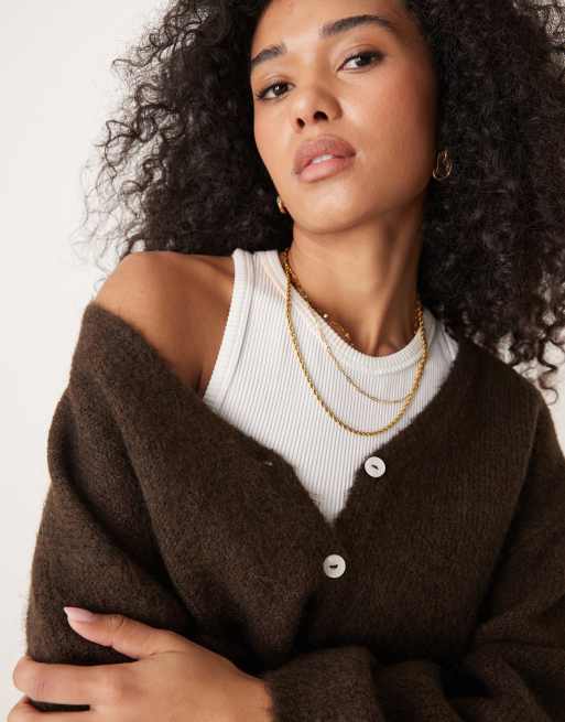 Gina Tricot v neck knit wool alpaca cardigan in brown