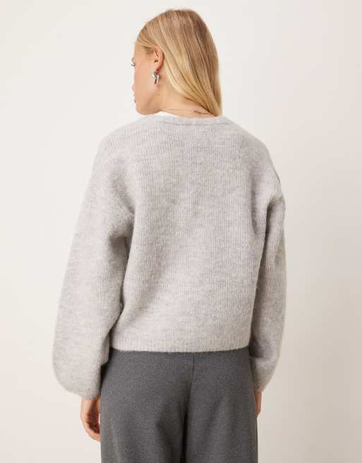 Gina Tricot v neck knitted wool alpaca cardigan in light grey melange, 2 of 4