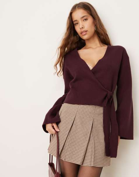 Gina Tricot v neck knitted wrap cardigan with wide sleeves in dark burgundy - view 1