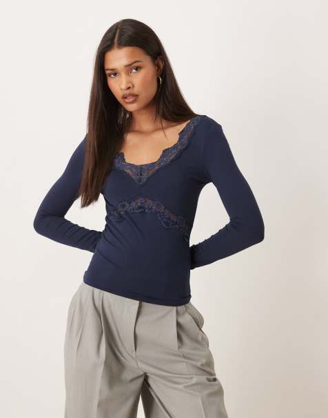 Gina Tricot v neck lace detail long sleeve slim fit top in navy blue - view 1