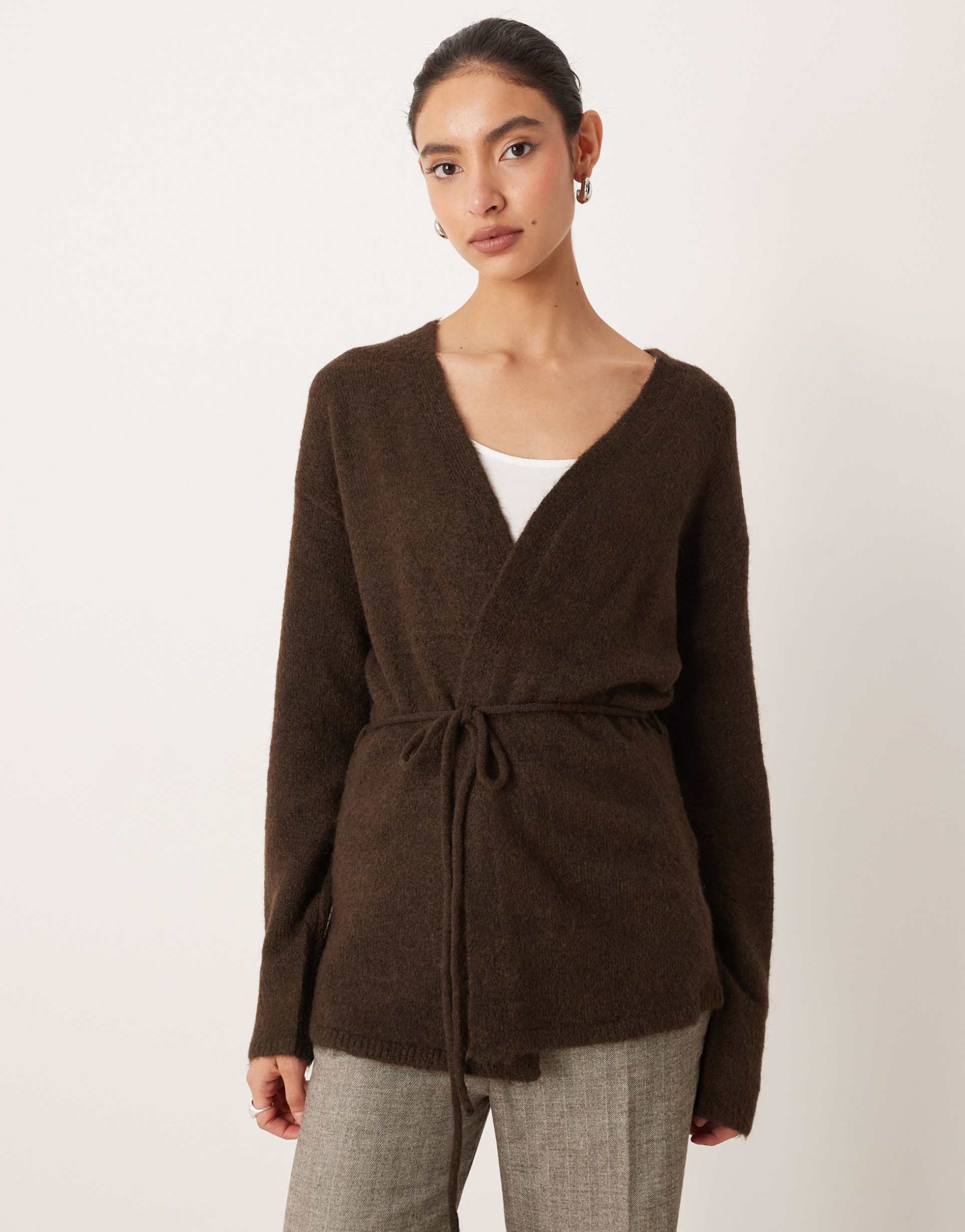 gina tricot v-neck mid length knit wool alpaca wrap cardigan in brown