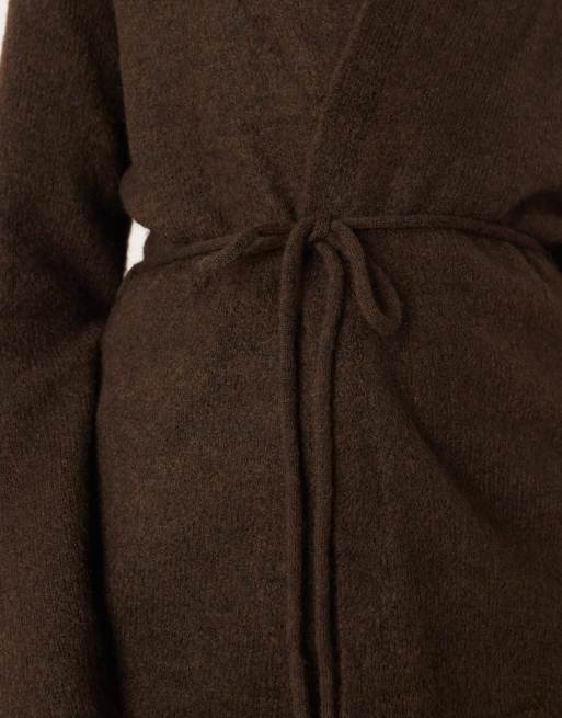 Gina Tricot V-neck mid length knit wool alpaca wrap cardigan in brown