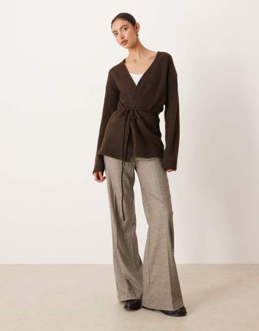 Gina Tricot V-neck mid length knit wool alpaca wrap cardigan in brown