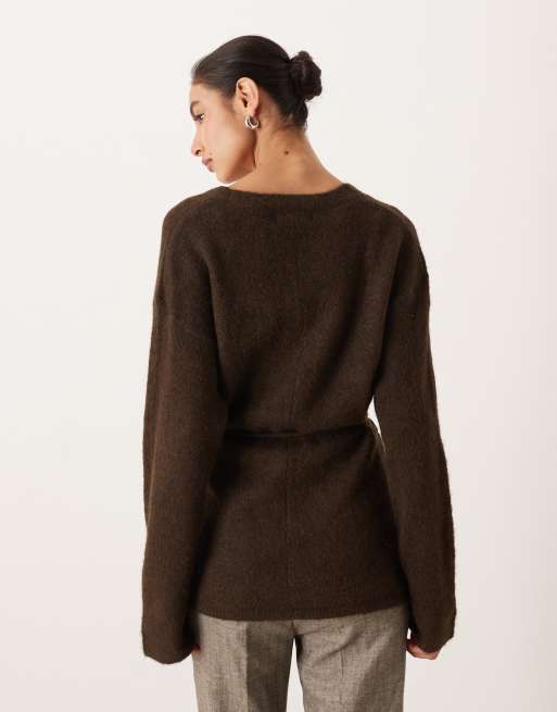 Gina Tricot V-neck mid length knit wool alpaca wrap cardigan in brown