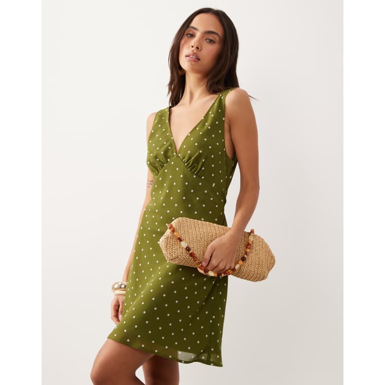 Gina Tricot v neck mini polka dot dress in green and white