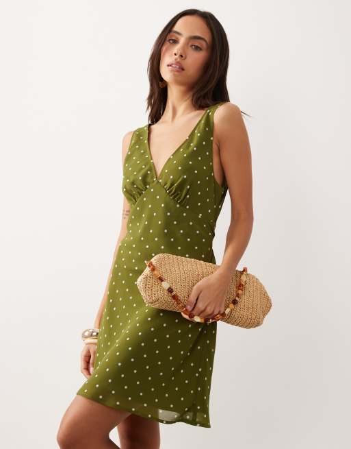 Gina Tricot v neck mini polka dot dress in green and white