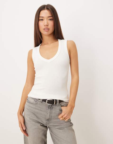 Gina Tricot V-neck ribbed tank in white - view 1