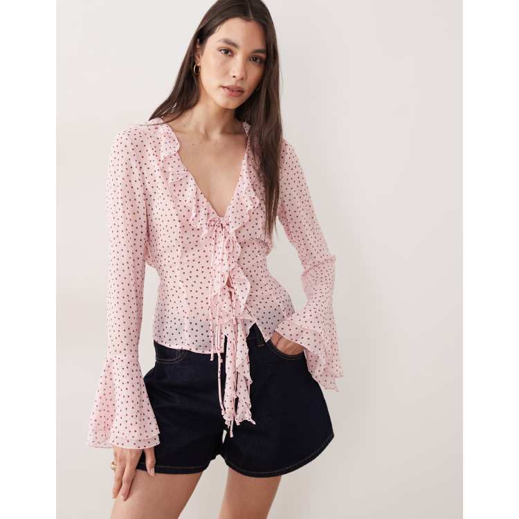 Gina Tricot v-neck ruffle blouse in pink polka dot print | ASOS