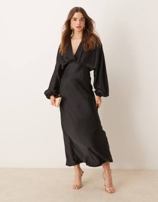 v neck satin maxi dress with volume sleeves in black