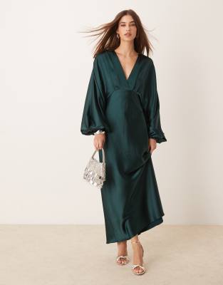 v neck satin maxi dress with volume sleeves in dark green