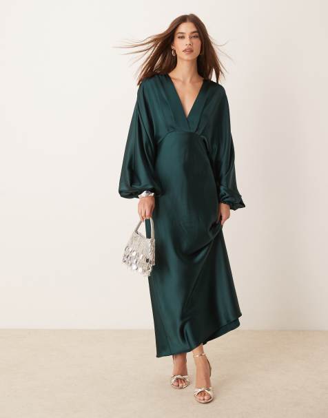 Gina Tricot v neck satin maxi dress with volume sleeves in dark green - view 1