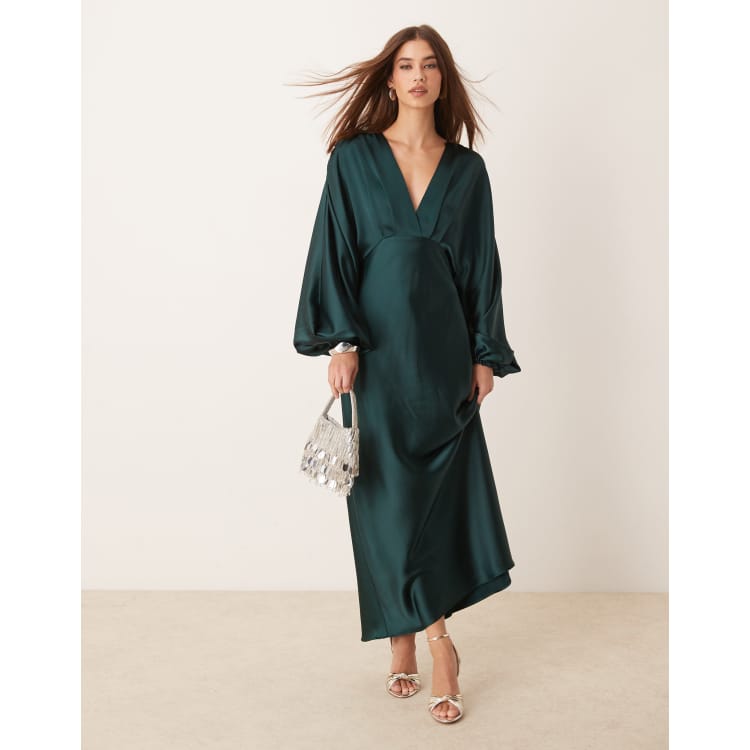 GINA TRICOT v neck satin maxi dress with volume sleeves in dark green | ASOS