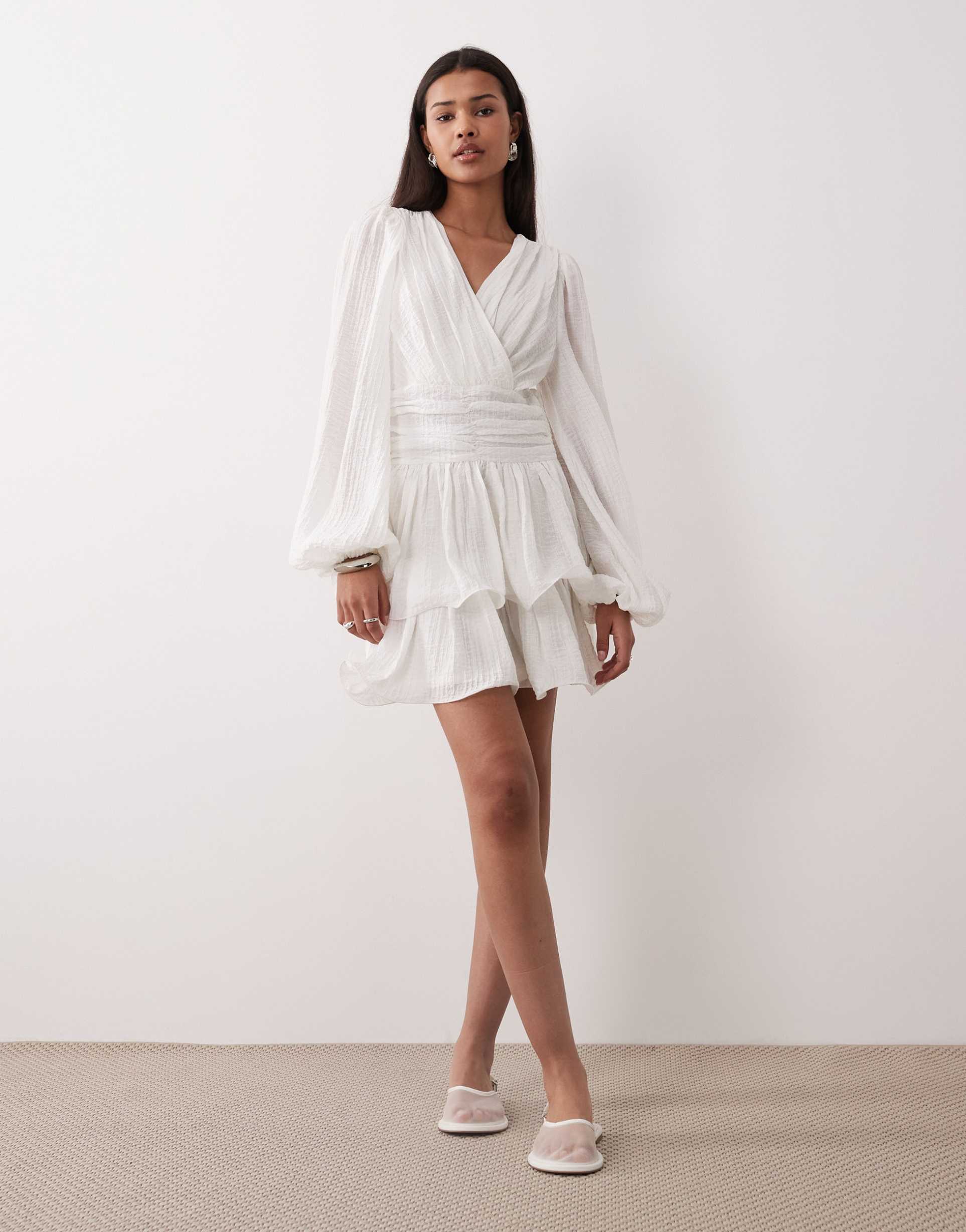 gina tricot v neck wide sleeve mini dress in cream