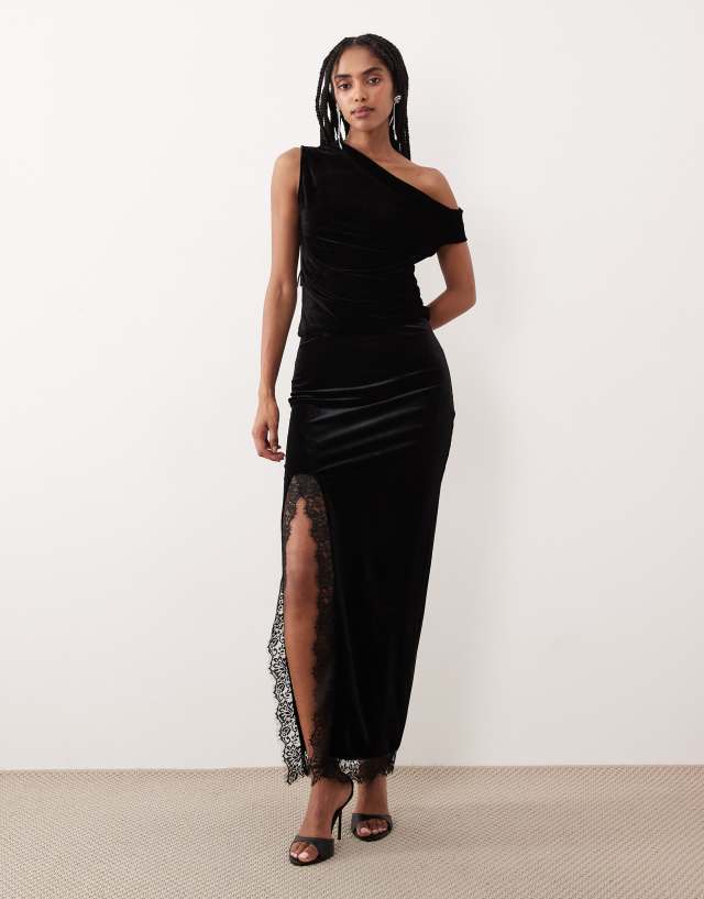 Gina Tricot velvet maxi skirt with lace side slit in black - part