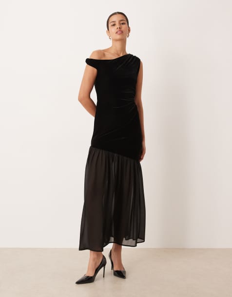 Gina Tricot velvet twisted off shoulder maxi dress with mesh skirt in black - view 1
