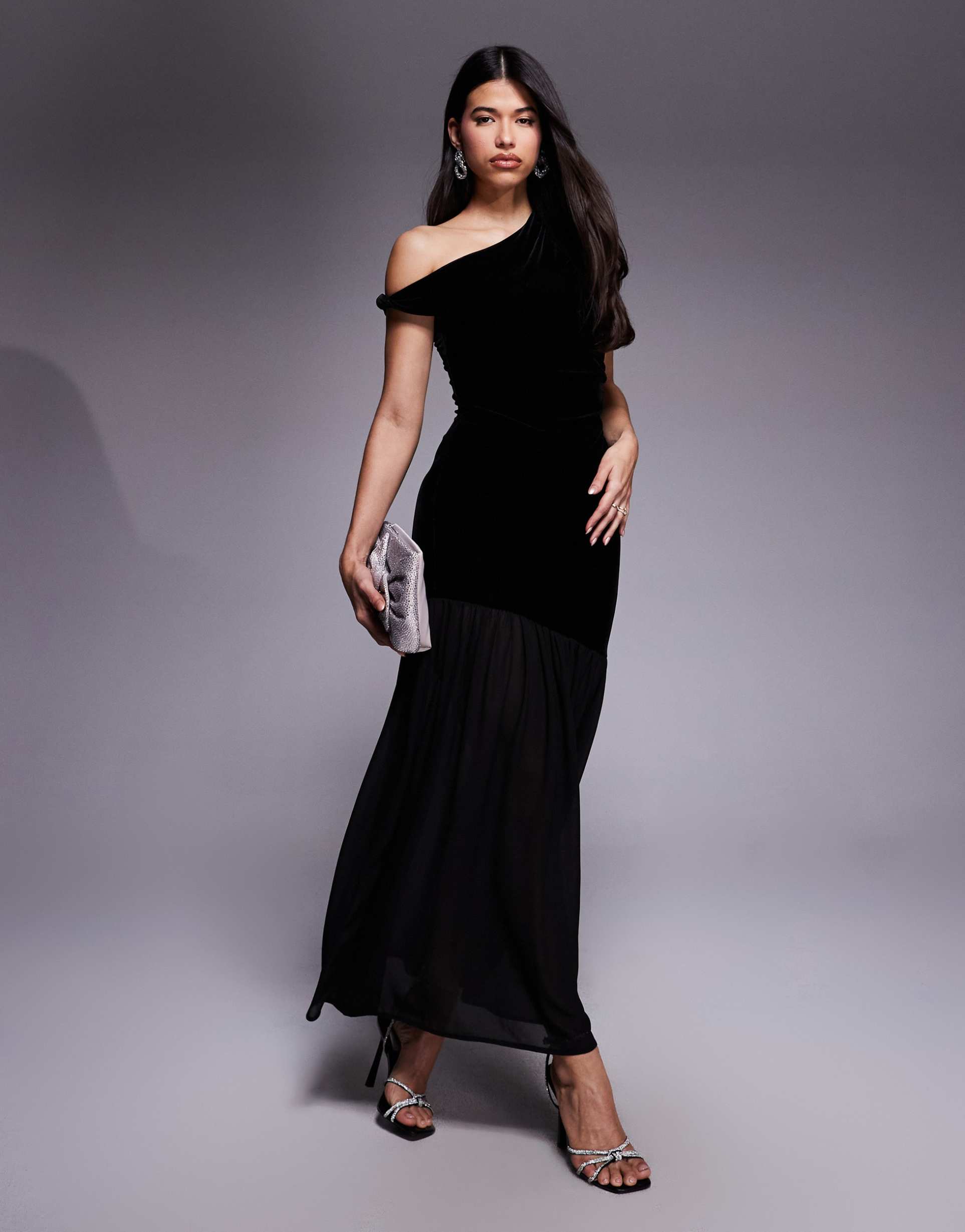gina tricot velvet twisted off shoulder maxi dress with mesh skirt in black