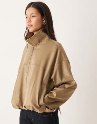 Gina Tricot - Veste à col montant en imitation daim - Vert olive