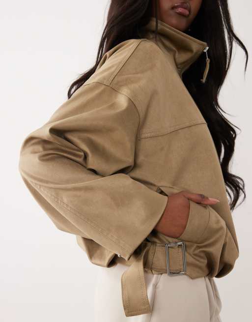 Gina Tricot - Veste à col montant en imitation daim - Vert olive, 3 de 4