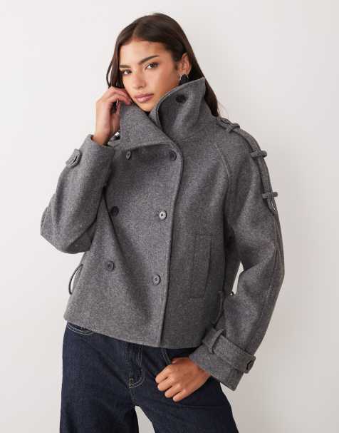 Gina Tricot veste courte à col montant en laine grise - view 1