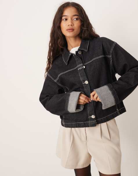 Gina Tricot - Veste en jean à manches retroussées - Noir délavé - view 1