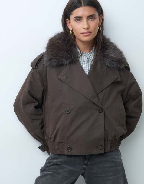 Gina Tricot veste matelassée à col en faux-fur marron foncé - view 1