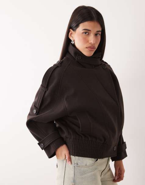 Gina Tricot veste style bomber courte à col montant en laine beige clair - view 1