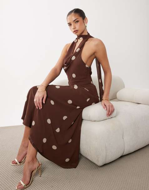 Gina Tricot - Vestido largo marrón con estampado de lunares y fular al cuello - view 1