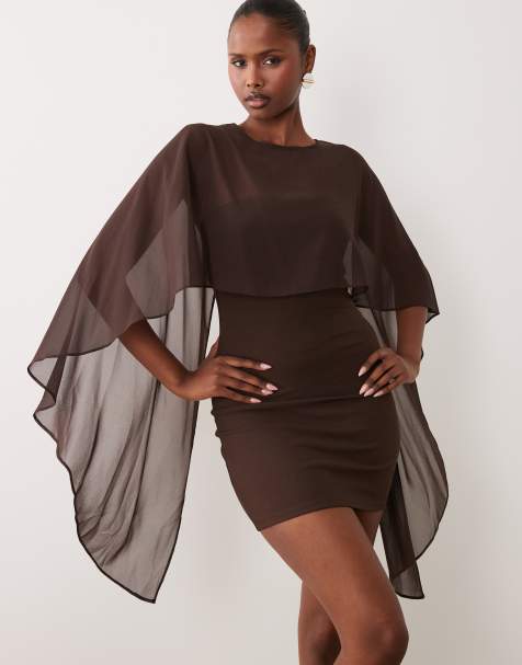 Gina Tricot - vestido mini capa de malla con cuello alto en marrón oscuro - view 1