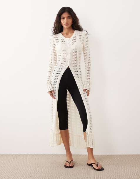 Gina Tricot - Vestito cardigan lungo in maglia all'uncinetto color crema - view 1