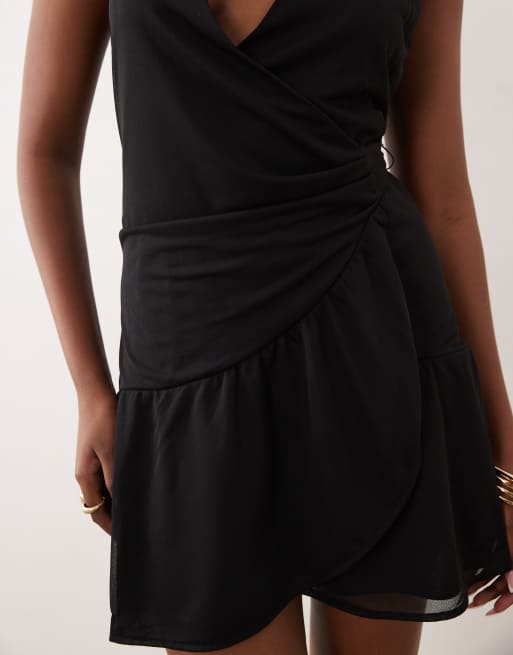 Gina Tricot - Vestito corto avvolgente trasparente nero e bianco a pois, 3 di 4