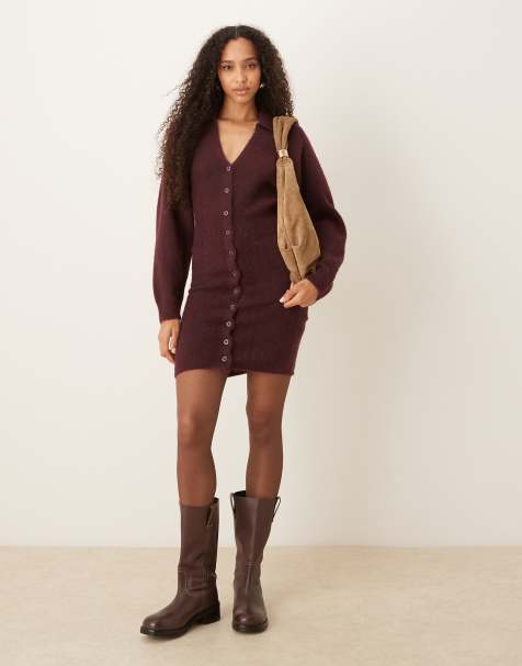 Gina Tricot - Vestito corto bordeaux a maniche lunghe in maglia con bottoni - view 1