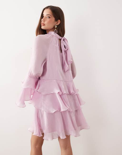 Gina Tricot - Vestito corto fluido rosa con volant, 3 di 4