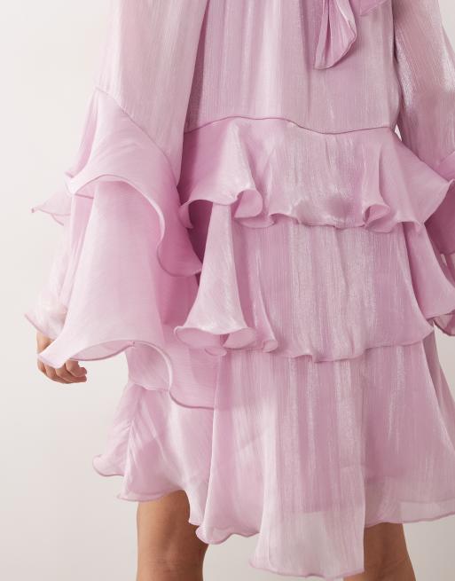 Gina Tricot - Vestito corto fluido rosa con volant, 4 di 4