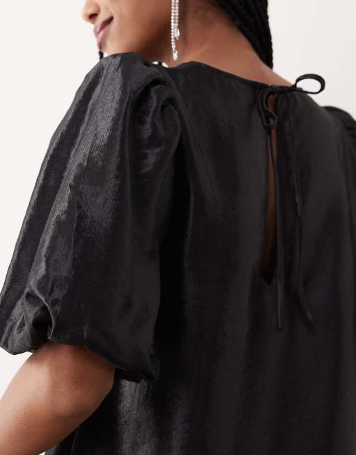 Gina Tricot - Vestito corto nero con maniche corte a palloncino e peplo, 3 di 4