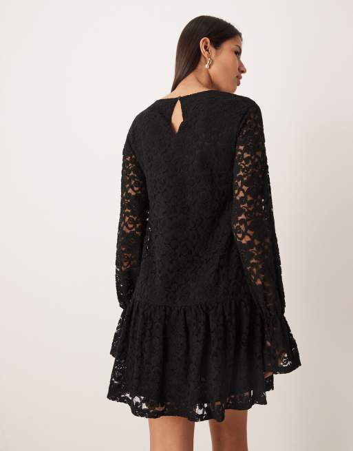 Gina Tricot - Vestito corto nero in pizzo con maniche lunghe svasate, 2 di 4