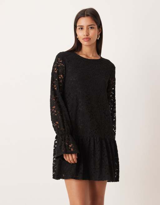 Gina Tricot - Vestito corto nero in pizzo con maniche lunghe svasate, 4 di 4