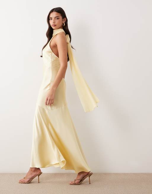 Gina Tricot - Vestito lungo allacciato al collo con collo sciallato giallo burro, 2 di 4