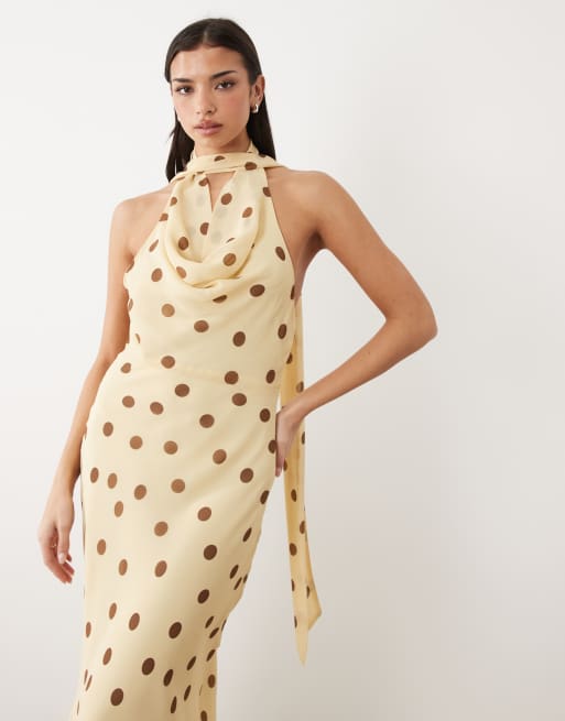Gina Tricot - Vestito lungo giallo a pois con scollo a sciarpa, 2 di 4