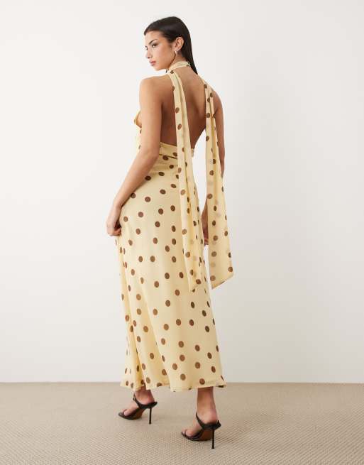 Gina Tricot - Vestito lungo giallo a pois con scollo a sciarpa, 3 di 4