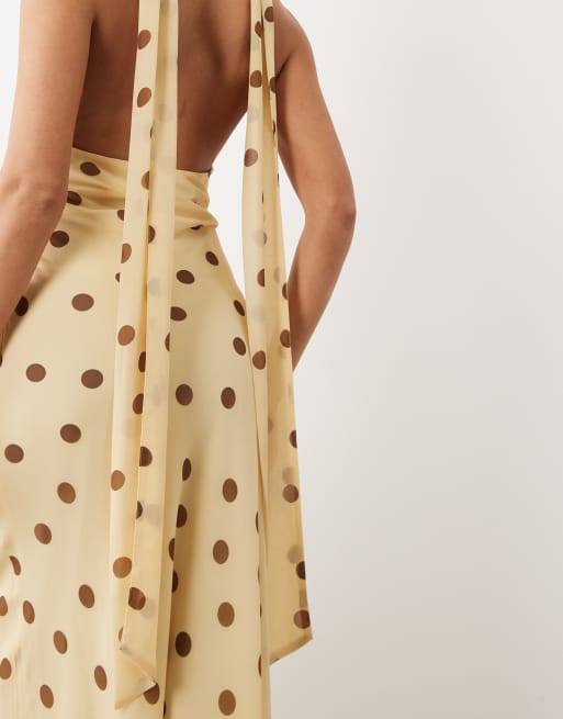 Gina Tricot - Vestito lungo giallo a pois con scollo a sciarpa, 4 di 4