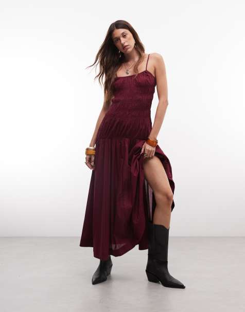 Gina Tricot vestito lungo in cotone con corpino arricciato bordeaux - view 1