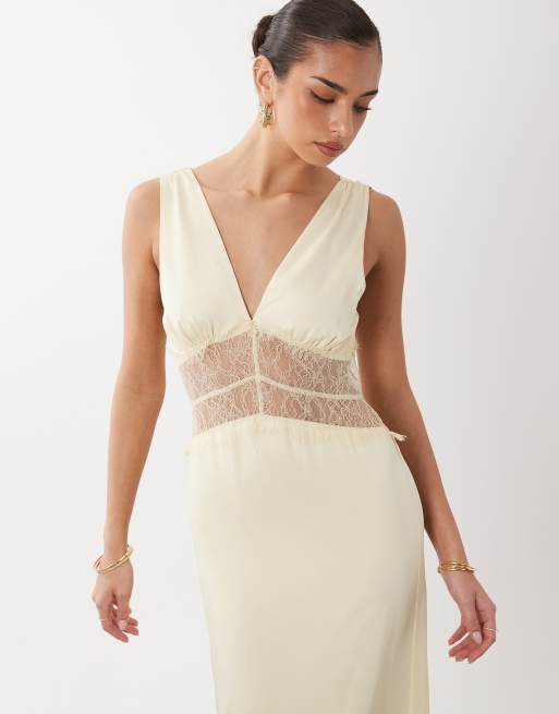Gina Tricot - Vestito lungo in raso e pizzo giallo, 2 di 4