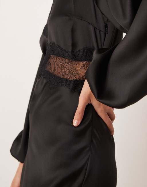 Gina Tricot - Vestito lungo in raso e pizzo nero con maniche voluminose e scollo a V, 2 di 4