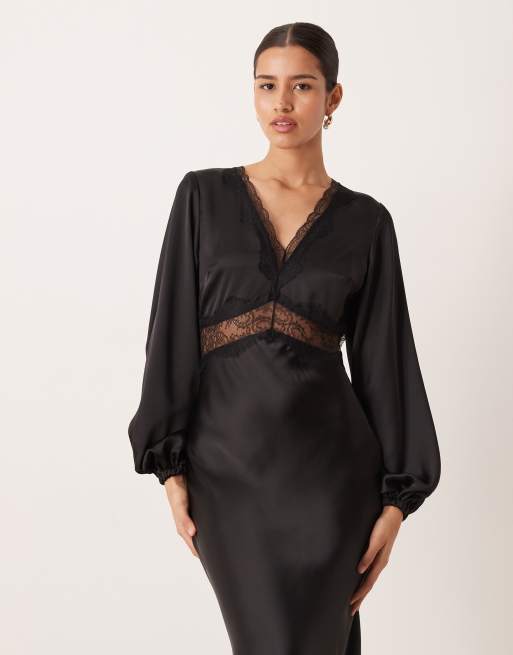 Gina Tricot - Vestito lungo in raso e pizzo nero con maniche voluminose e scollo a V, 4 di 4